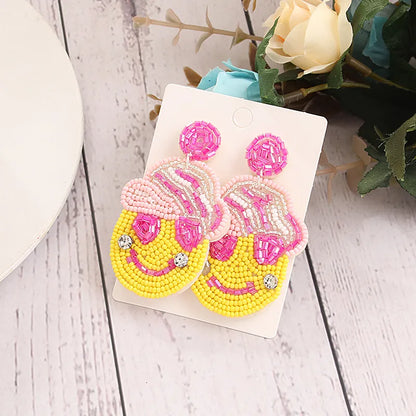 1 Pair Sweet Simple Style Artistic Smile Face Beaded Inlay Cloth Seed Bead Zircon Drop Earrings