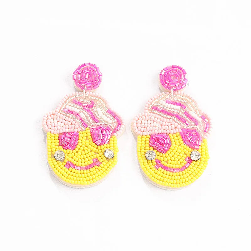 1 Pair Sweet Simple Style Artistic Smile Face Beaded Inlay Cloth Seed Bead Zircon Drop Earrings