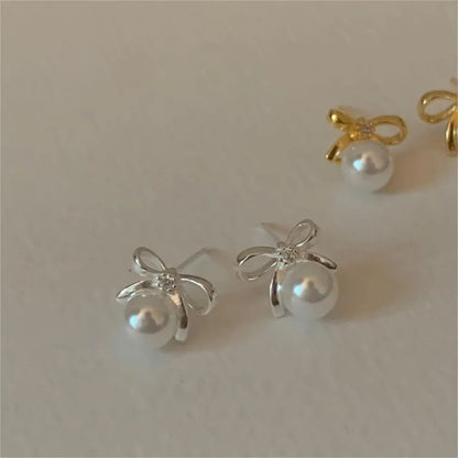 1 Pair Sweet Simple Style Bow Knot Inlay Sterling Silver Pearl Zircon Ear Studs