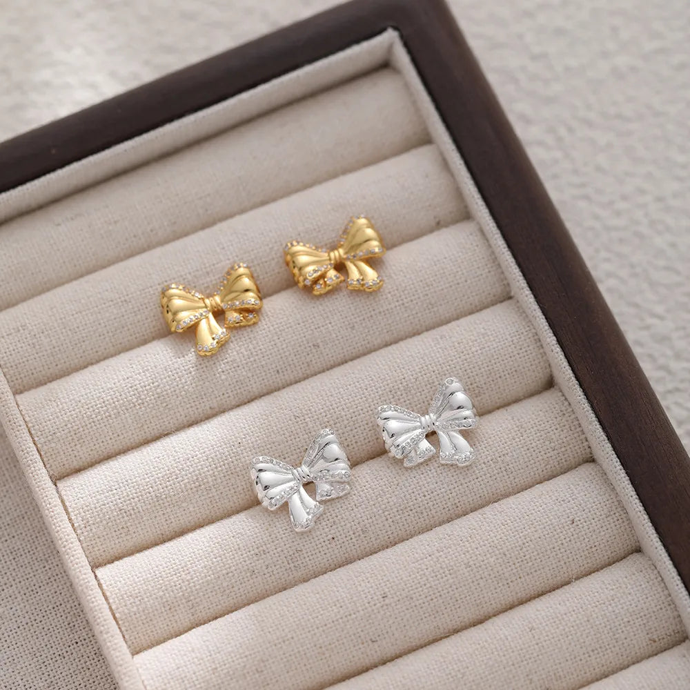 1 Pair Sweet Simple Style Bow Knot Inlay Sterling Silver Zircon Ear Studs