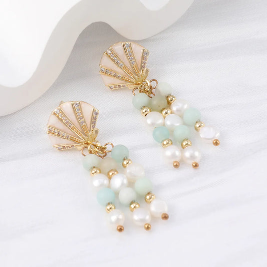 1 Pair Sweet Simple Style Butterfly Bow Knot Shell Beaded Tassel Inlay Natural Stone Copper Rhinestones Drop Earrings