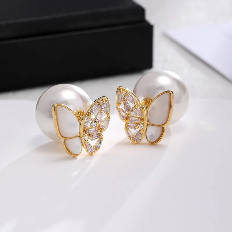 1 Pair Sweet Simple Style Butterfly Inlay Imitation Pearl Copper Zircon 18K Gold Plated Ear Studs