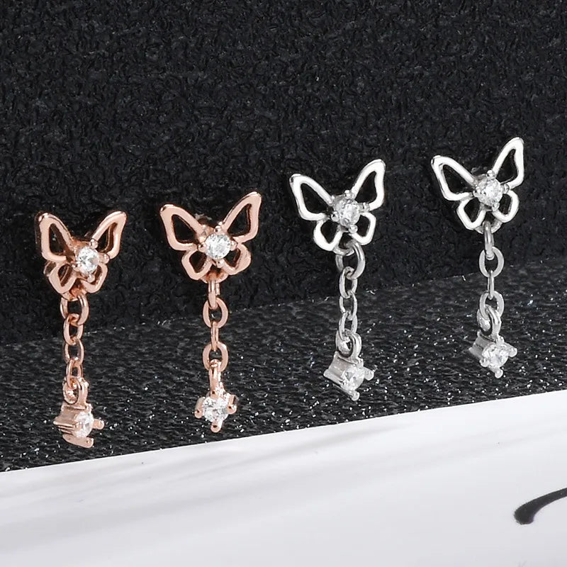 1 Pair Sweet Simple Style Butterfly Inlay Sterling Silver Zircon Earrings