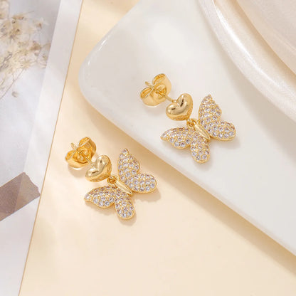 1 Pair Sweet Simple Style Butterfly Plating Inlay Copper Zircon 18k Gold Plated Drop Earrings