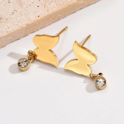 1 Pair Sweet Simple Style Butterfly Stainless Steel Plating Inlay Rhinestones 14k Gold Plated Drop Earrings