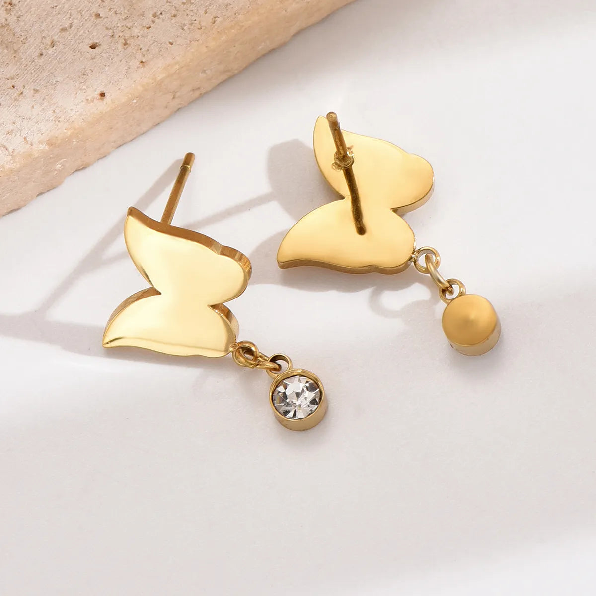 1 Pair Sweet Simple Style Butterfly Stainless Steel Plating Inlay Rhinestones 14k Gold Plated Drop Earrings