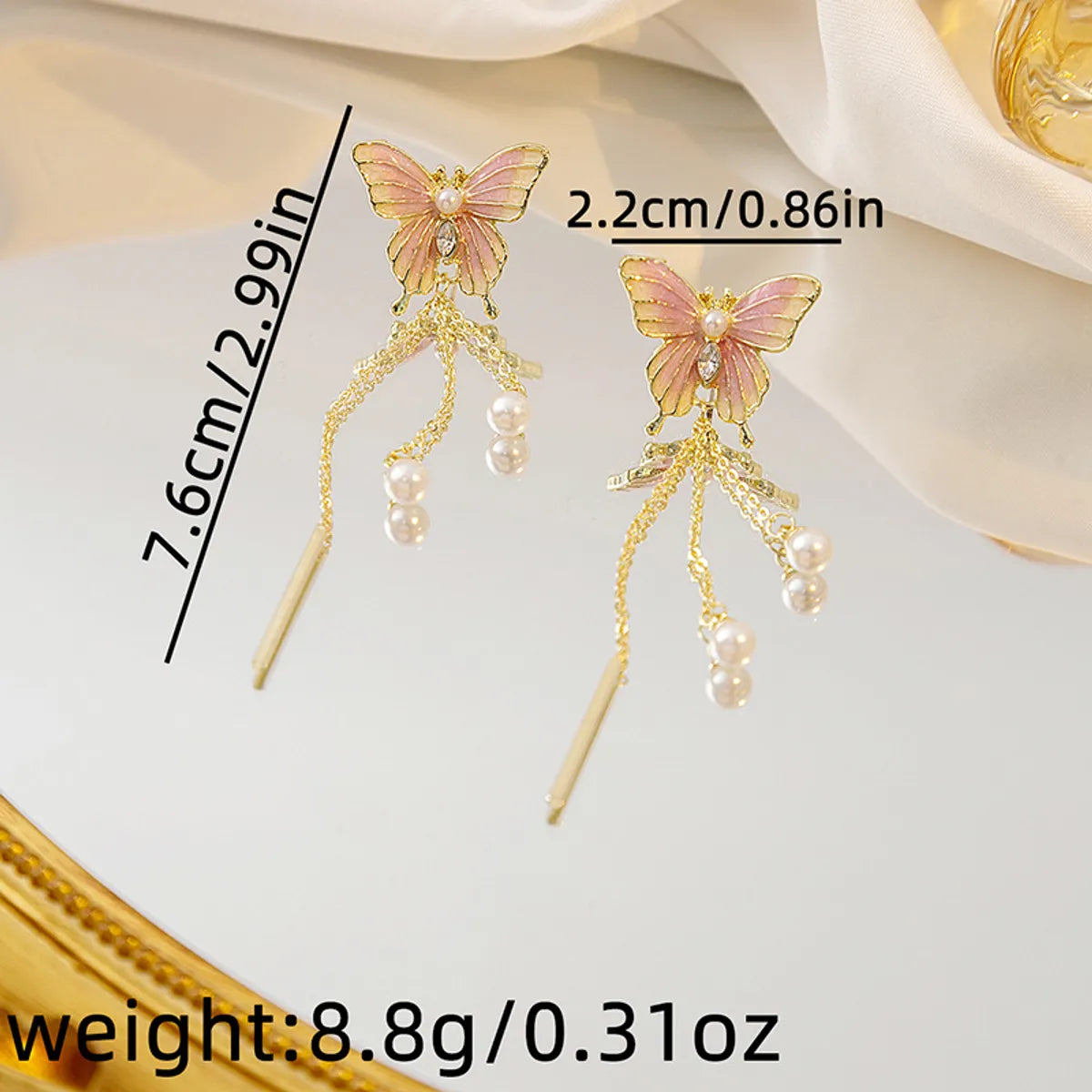 1 Pair Sweet Simple Style Butterfly Tassel Pearl Alloy Drop Earrings