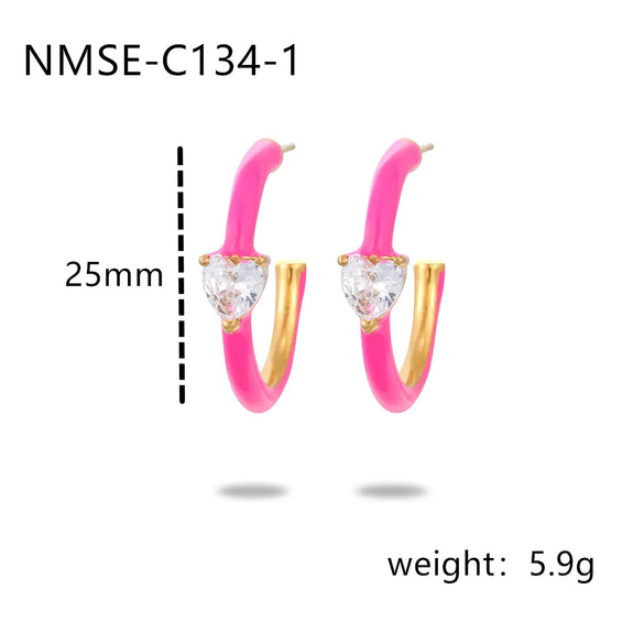 1 Pair Sweet Simple Style C Shape Heart Shape Enamel Plating Inlay 304 Stainless Steel Zircon Drop Earrings Ear Studs