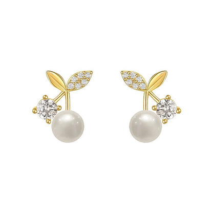 1 Pair Sweet Simple Style Cherry Plating Inlay Copper Pearl Zircon 14k Gold Plated Ear Studs