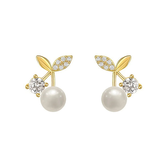 1 Pair Sweet Simple Style Cherry Plating Inlay Copper Pearl Zircon 14k Gold Plated Ear Studs