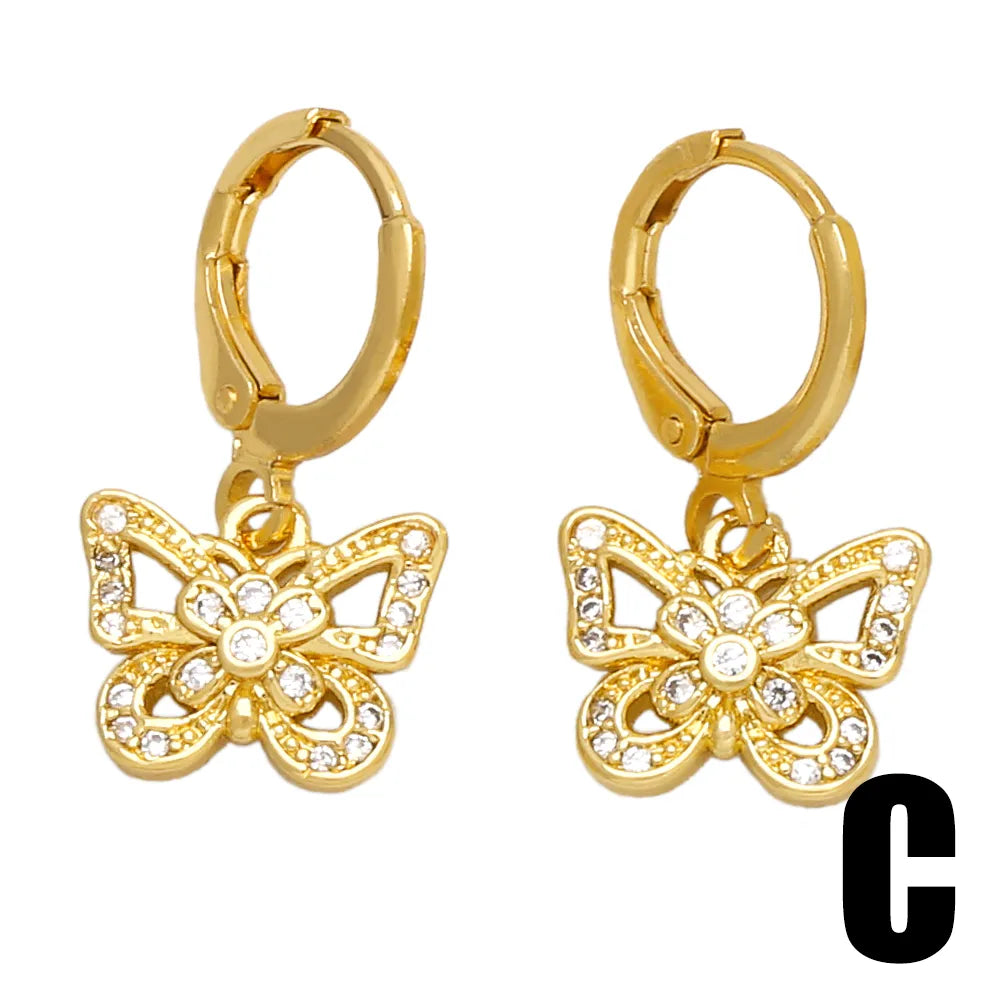 1 Pair Sweet Simple Style Flower Butterfly Plating Inlay Copper Zircon 18k Gold Plated Drop Earrings