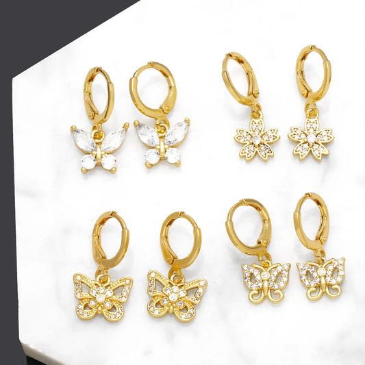 1 Pair Sweet Simple Style Flower Butterfly Plating Inlay Copper Zircon 18k Gold Plated Drop Earrings