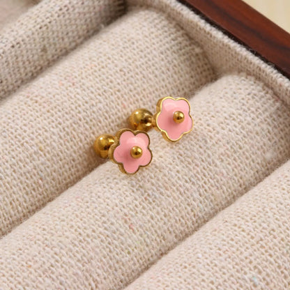 1 Pair Sweet Simple Style Flower Enamel Inlay Titanium Steel Pearl 18K Gold Plated Ear Studs