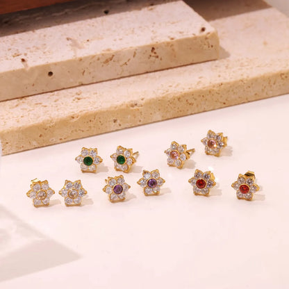 1 Pair Sweet Simple Style Flower Plating Inlay Stainless Steel Zircon White Gold Plated Gold Plated Ear Studs