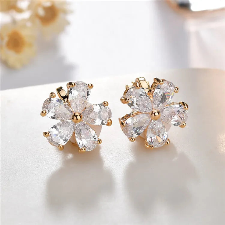 1 Pair Sweet Simple Style Flower Polishing Plating Inlay Copper Alloy Zircon 18K Gold Plated White Gold Plated Ear Clips Ear Studs