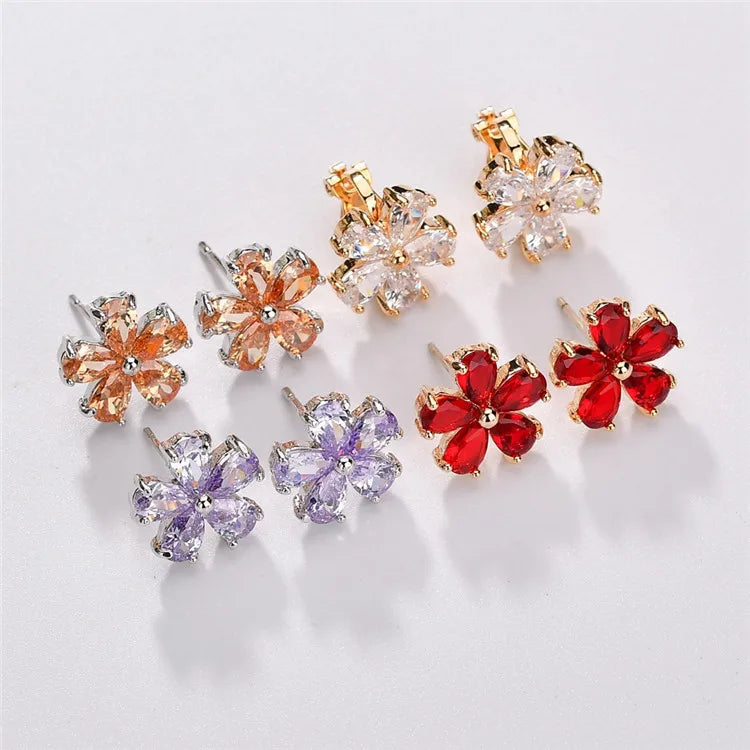 1 Pair Sweet Simple Style Flower Polishing Plating Inlay Copper Alloy Zircon 18K Gold Plated White Gold Plated Ear Clips Ear Studs