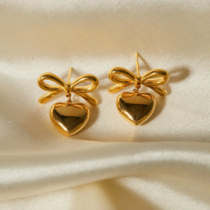 1 Pair Sweet Simple Style Heart Shape Bow Knot 304 Stainless Steel 18K Gold Plated Drop Earrings