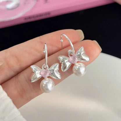 1 Pair Sweet Simple Style Heart Shape Bow Knot Inlay Alloy Zircon Ear Studs