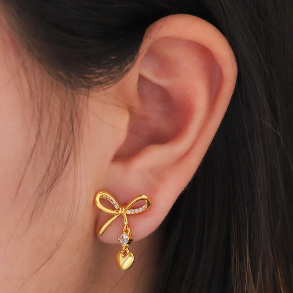 1 Pair Sweet Simple Style Heart Shape Bow Knot Plating Inlay Copper Zircon 18K Gold Plated Drop Earrings