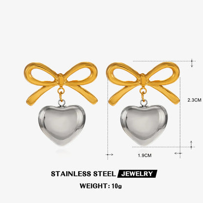 1 Pair Sweet Simple Style Heart Shape Bow Knot Polishing Pearl 304 Stainless Steel Artificial Pearls 18K Gold Plated Drop Earrings