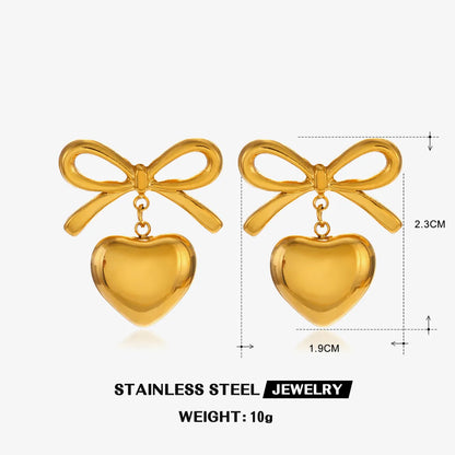 1 Pair Sweet Simple Style Heart Shape Bow Knot Polishing Pearl 304 Stainless Steel Artificial Pearls 18K Gold Plated Drop Earrings