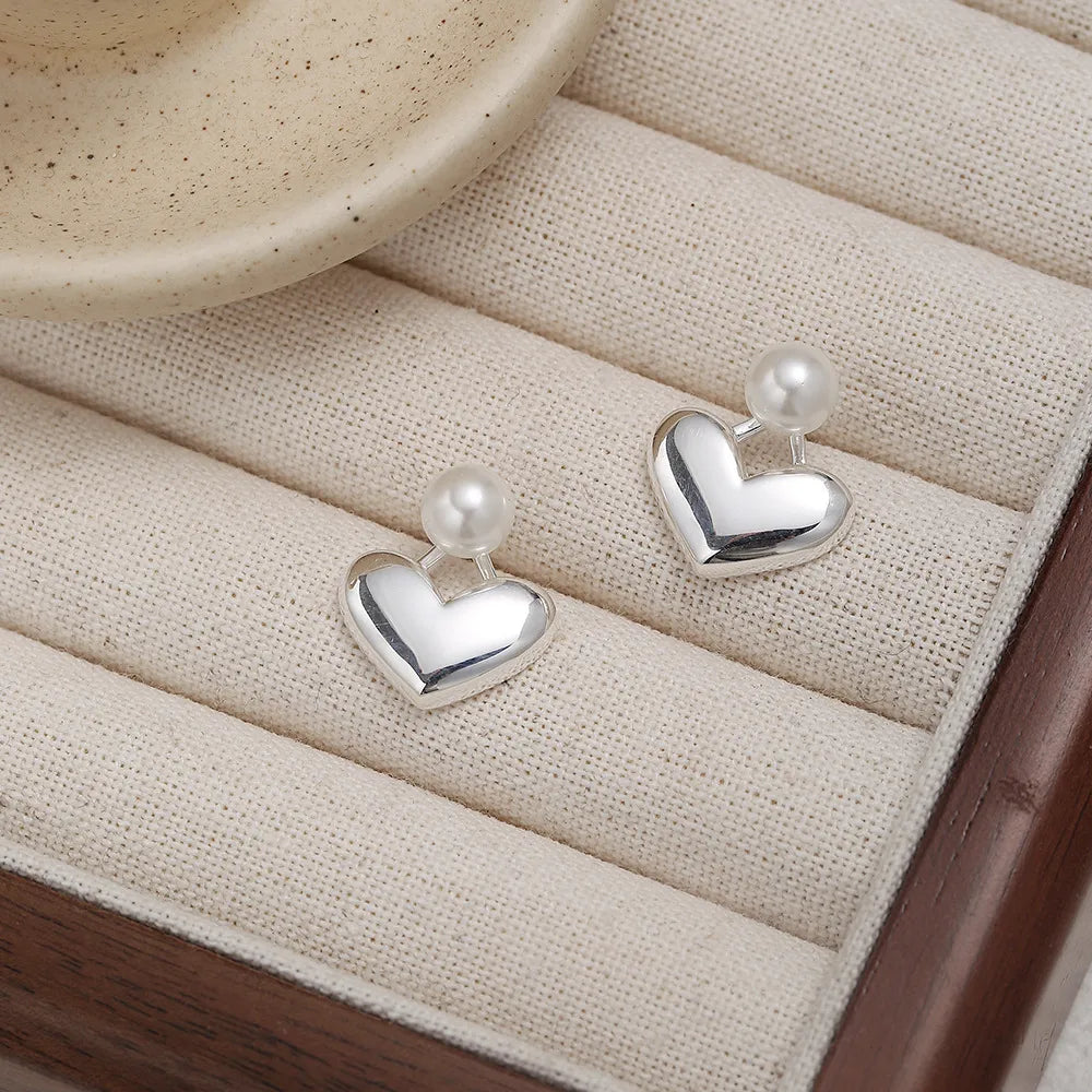 1 Pair Sweet Simple Style Heart Shape Hollow Out Inlay Sterling Silver Pearl Drop Earrings