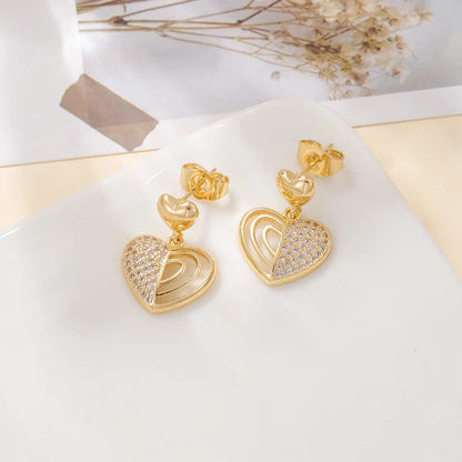 1 Pair Sweet Simple Style Heart Shape Plating Inlay Alloy Zircon 18k Gold Plated Earrings