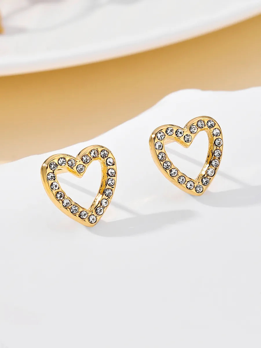 1 Pair Sweet Simple Style Heart Shape Plating Inlay Stainless Steel Zircon 18k Gold Plated Ear Studs