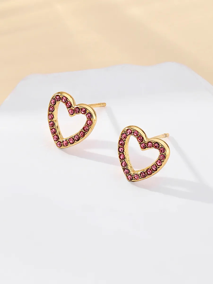 1 Pair Sweet Simple Style Heart Shape Plating Inlay Stainless Steel Zircon 18k Gold Plated Ear Studs