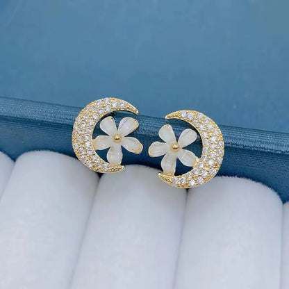 1 Pair Sweet Simple Style Moon Flower Plating Inlay Alloy Rhinestones Ear Studs