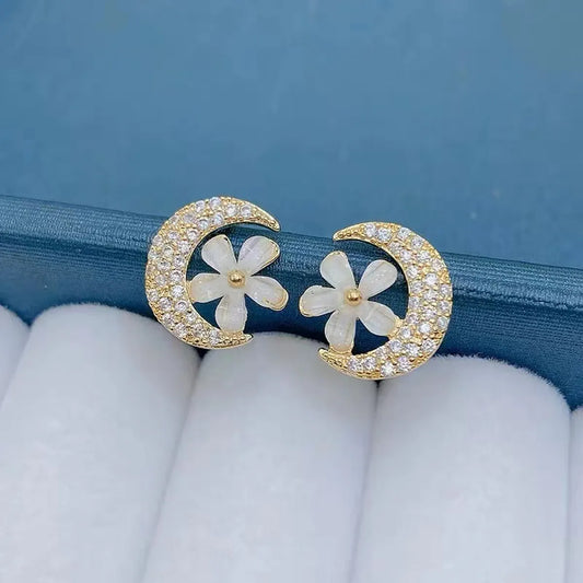 1 Pair Sweet Simple Style Moon Flower Plating Inlay Alloy Rhinestones Ear Studs