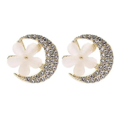 1 Pair Sweet Simple Style Moon Flower Plating Inlay Alloy Rhinestones Ear Studs