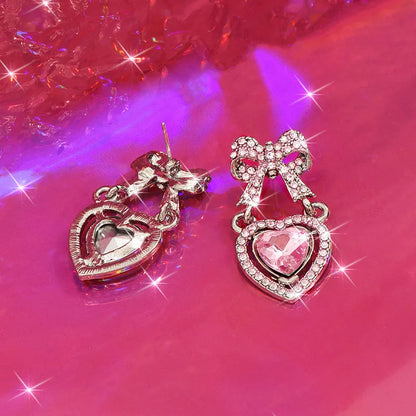 1 Pair Sweet Simple Style Shiny Heart Shape Bow Knot Inlay Zinc Alloy Rhinestones Drop Earrings