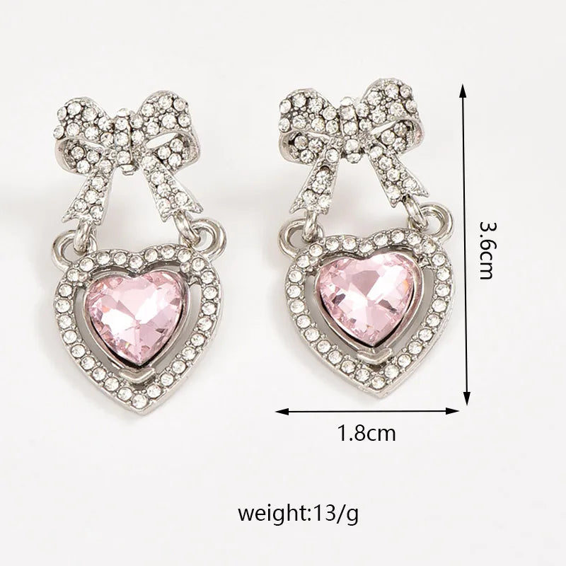 1 Pair Sweet Simple Style Shiny Heart Shape Bow Knot Inlay Zinc Alloy Rhinestones Drop Earrings