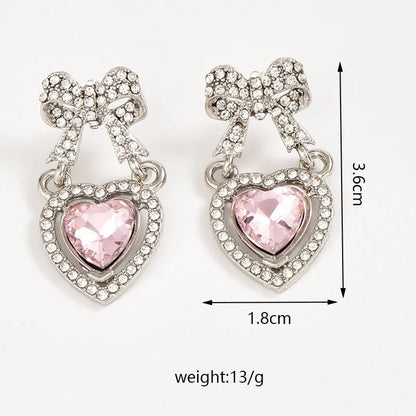 1 Pair Sweet Simple Style Shiny Heart Shape Bow Knot Inlay Zinc Alloy Rhinestones Drop Earrings