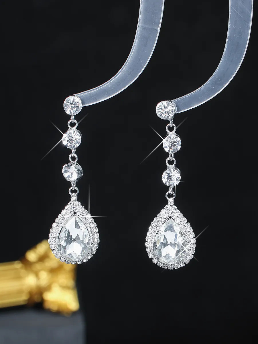 1 Pair Sweet Simple Style Water Droplets Plating Inlay Alloy Rhinestones Silver Plated Drop Earrings