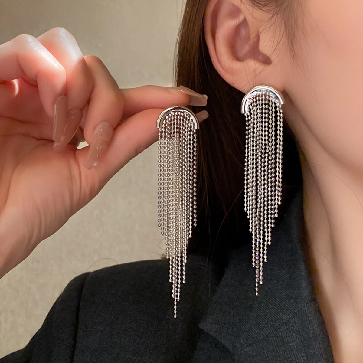 1 Pair Sweet Solid Color Tassel Brass Drop Earrings