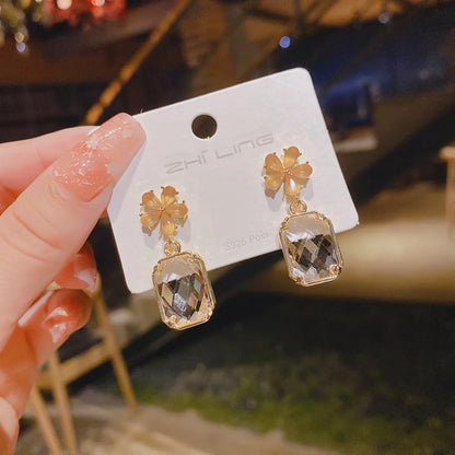 1 Pair Sweet Square Flower Inlay Alloy Artificial Crystal Drop Earrings