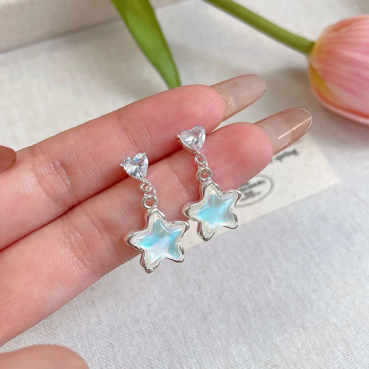 1 Pair Sweet Star Inlay Alloy Zircon Drop Earrings