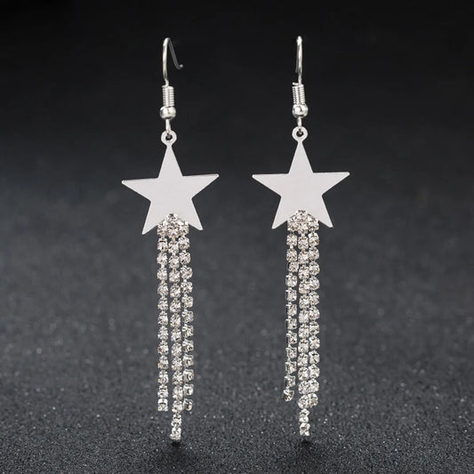 1 Pair Sweet Star Inlay Metal Rhinestones Drop Earrings