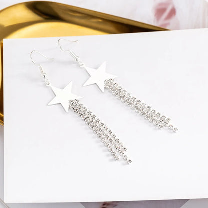 1 Pair Sweet Star Inlay Metal Rhinestones Drop Earrings