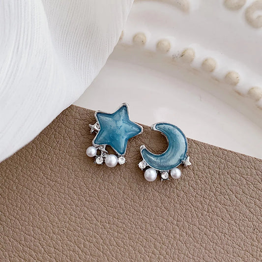 1 Pair Sweet Star Moon Plating Inlay Alloy Artificial Pearls White Gold Plated Ear Studs