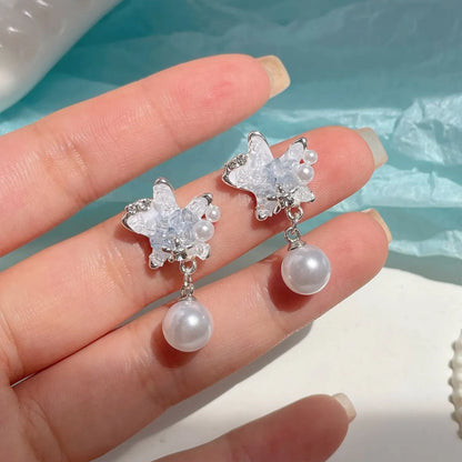 1 Pair Sweet Star Waves Artificial Crystal Artificial Pearl Alloy Drop Earrings Ear Studs