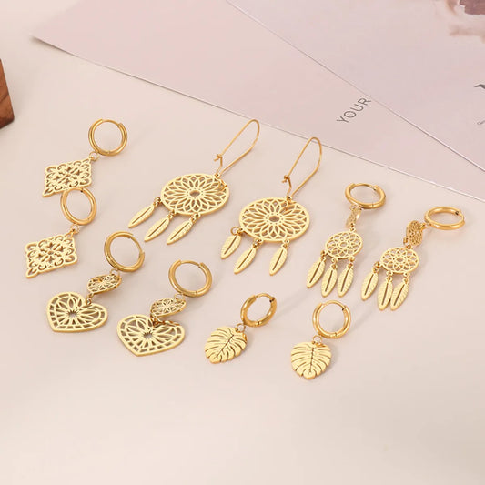 1 Pair Sweet Streetwear Leaves Heart Shape Plating Stainless Steel Drop Earrings