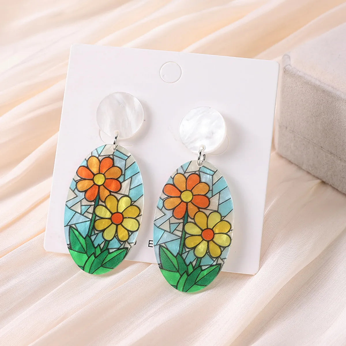 1 Pair Sweet Sunflower Rose Chrysanthemum Printing Flowers Arylic Dangling Earrings