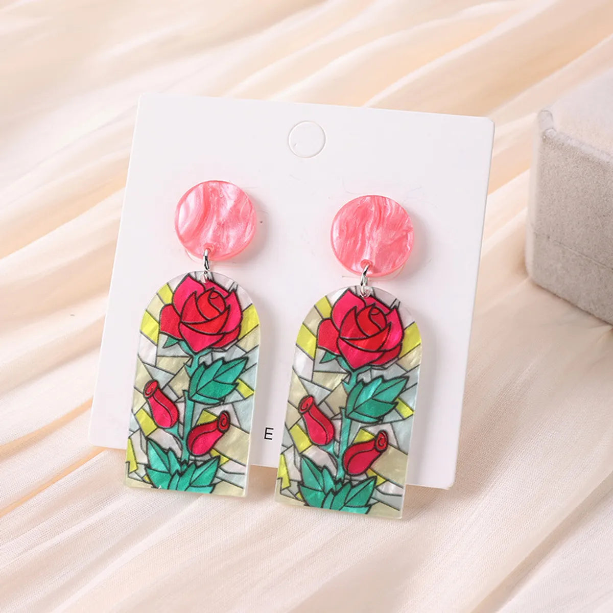 1 Pair Sweet Sunflower Rose Chrysanthemum Printing Flowers Arylic Dangling Earrings