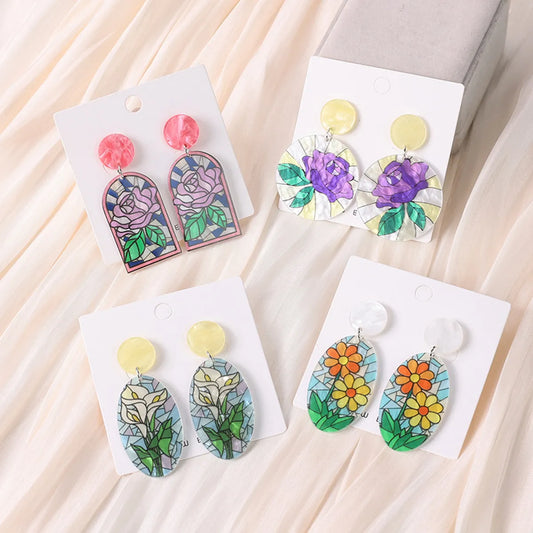 1 Pair Sweet Sunflower Rose Chrysanthemum Printing Flowers Arylic Dangling Earrings