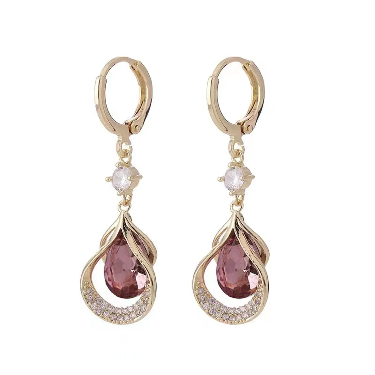 1 Pair Sweet Water Droplets Hollow Out Inlay Alloy Zircon Drop Earrings