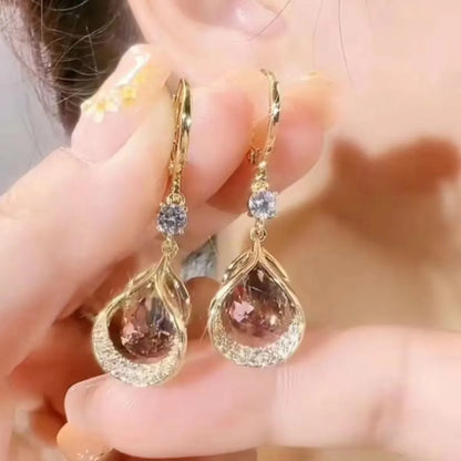 1 Pair Sweet Water Droplets Hollow Out Inlay Alloy Zircon Drop Earrings