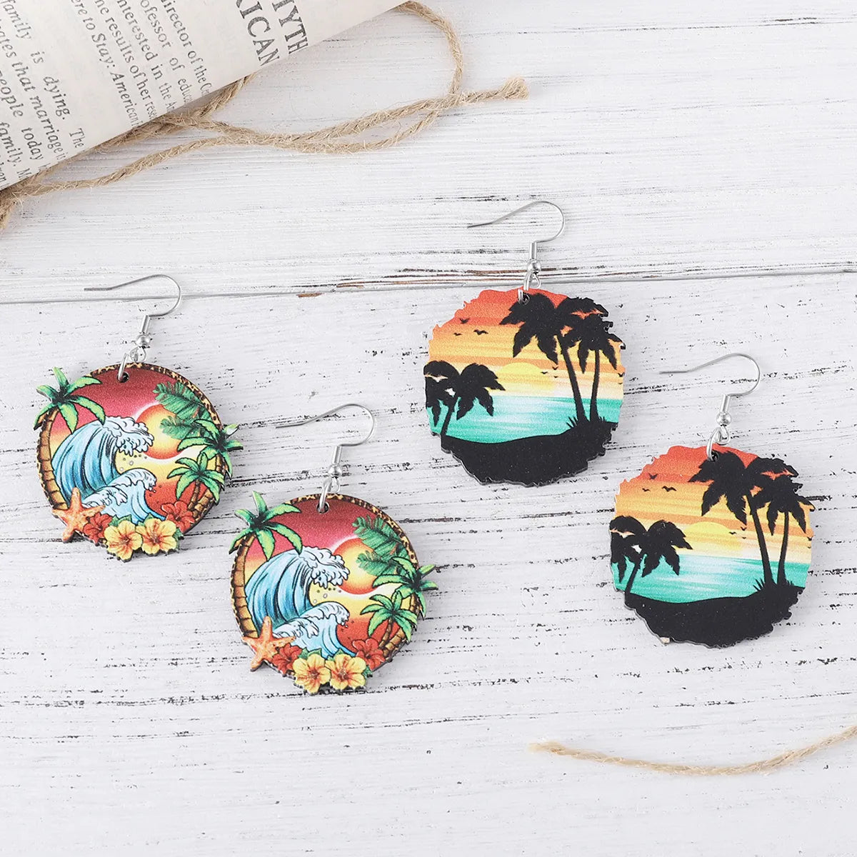 1 Pair Vacation Beach Coconut Tree Ocean Sea Wave Wood Drop Earrings